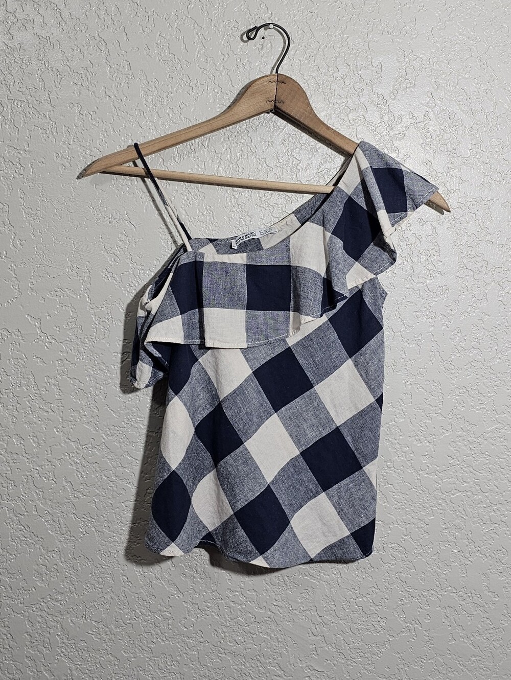 Zara Basic Blue/White Check Off-Shoulder Top